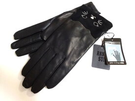 アナスイ ANNA SUI　手袋　ロゴ入り　羊革　猫　スマートフォン対応　ブラック　M　20cm　婦人手袋