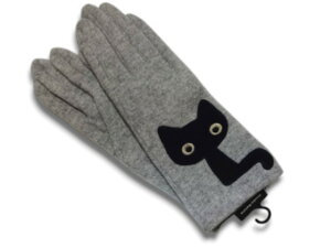 アツコマタノ Atsuko Matano またのあつこ マタノアツコ 手袋 カメラ目線 ウール使用 黒猫 猫 キャット 黒猫のアップリケ グレー レディー 女性 婦人 防寒 21〜22cm