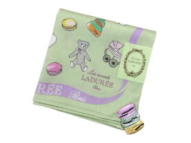 スクレ by ラデュレ LADUREE　ハンカチ　大判ハンカチ　マカロン　クマのぬいぐるみ　お菓子　マカロン刺繍　ロゴ入り　綿100％　日本製　ライトグリーン　黄緑色
