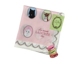 スクレ by ラデュレ LADUREE　ハンカチ　大判ハンカチ　マカロン刺繍　アニマル柄　黒猫　犬　ドッグ　フレンチブルドッグ　ロゴ入り　綿100％　日本製　ピンク　桃色