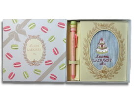 スクレ・ラデュレ　LADUREE　マカロン　ロゴ入り　ケーキ刺繍　タオルハンカチ＆ボールペンセット　ベビーブルー・ピンク　レディース