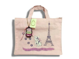 スクレ・ラデュレ　LADUREE　マカロン刺繍チャーム　猫　ロゴ入り　トートバッグ　マチあり　ピンク