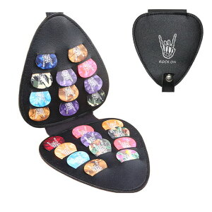 ギターピック ケース ピック ホルダー おしゃれ 大容量 22個 収納 カバー 携帯 持ち運び PU レザー ティアドロップ ブラック 黒