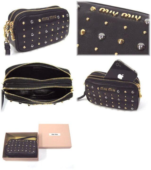 楽天市場 Miu Miuミュウミュウポーチ Miumiu レザー スタッズ Iphoneケース 化粧ポーチ 5arf04 Vitello Borchie Nero 新作モデル 楽ギフ 包装 入手困難品 ブランドグランセラー