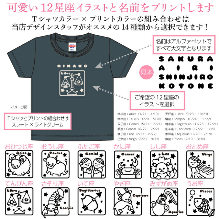 楽天市場 送料無料 キッズtシャツ 可愛い12星座イラストの オリジナル 名入れtシャツ Tシャツ 名入れ オンリーワンのオーダーtシャツ 1枚からご注文できます オリジナルtシャツ ギフト対応 Ts 4 名入れグッズの グラフィックラボ
