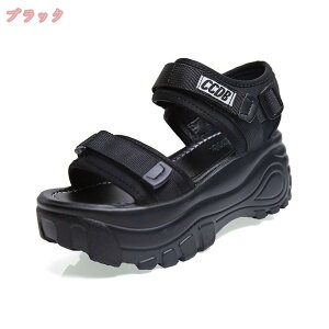 厚底サンダル レディース サンダル スポーツサンダル 軽量 ウェッジソール スニーカーサンダル マジックテープ カジュアル サンダル 7cm身長アップ レディースシューズ アウトドア 黒 軽量
