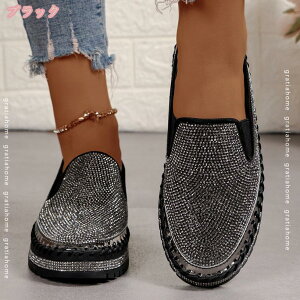 1000円OFFクーポン スリッポン レディース スニーカー 厚底 ラインストーン キラキラローカットスニーカー 小さいサイズ 大きいサイズ キラキラ 厚底スニーカー 快適 黒 大人可愛い 脱ぎ履き