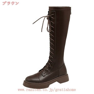 ジョッキーブーツ 編み上げ ブーツ レディース ロングブーツ 美脚 ローヒール バックジッパー 履きやすい レースアップブーツ 歩きやすい 大きいサイズ 小さいサイズ チャンキーヒール 大