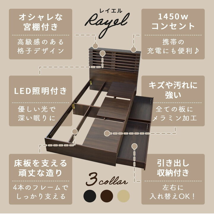 楽天市場】ベッド ベッドフレーム ダブル フレーム 収納付き ロータイプ 組立式 レイエルD 送料無料 : GRAZIA