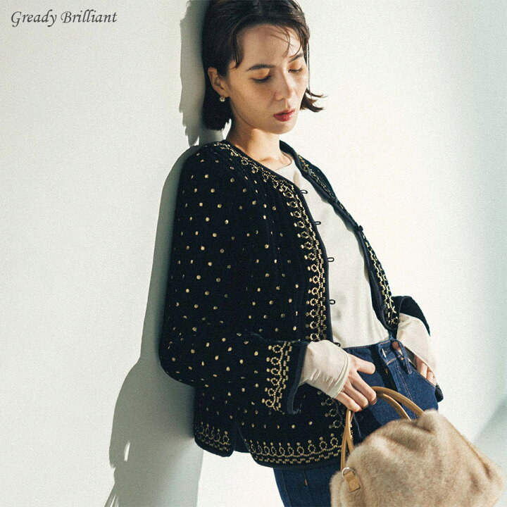 楽天市場】ベロア金刺繍ノーカラージャケット : Gready Brilliant