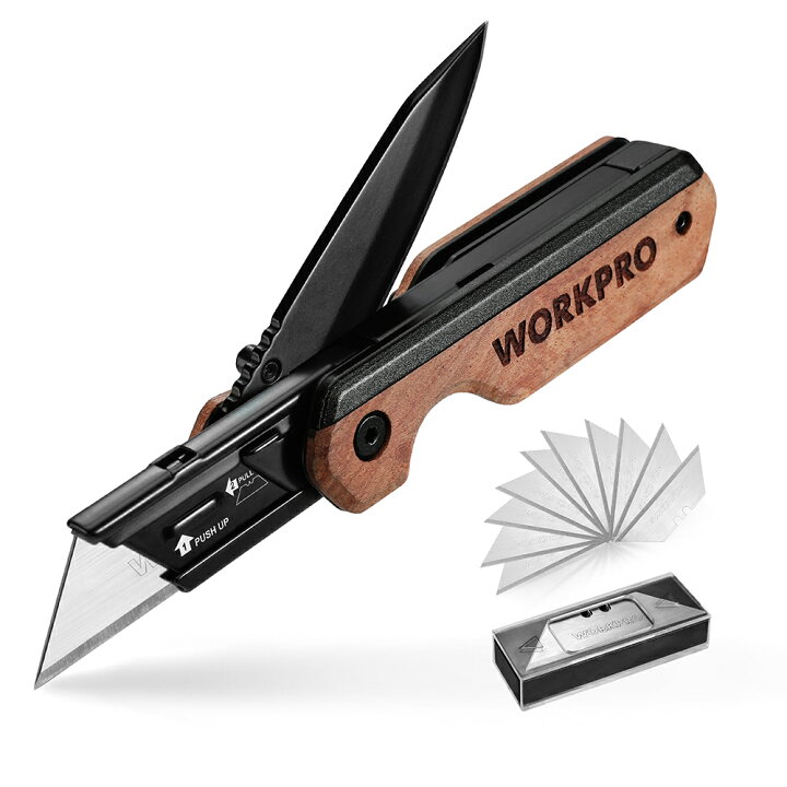 楽天市場】WORKPRO ナイフ 折りたたみ 2-in-1 木製ハンドル 黒染め処理 