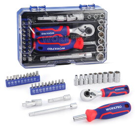 WORKPRO ビットラチェットセット ソケットレンチセット ドライバー セット 34点組 差込角6.35mm（1/4インチ） 両用ヘッド ミニタイプ ラチェットレンチ エクステンションバー ビットホルダー 72歯 自転車修理 メンテナンス 工具 道具 DIY 専用収納ケース付属