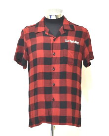 【中古】 TMT （ティーエムティー） ORIGINAL RAYON BUFFALO CHECK S/S SHIRT オリジナル レーヨン バッファローチェック 半袖シャツ LOGO ロゴ 赤黒 アロハ ハワイアン BIGHOLIDAY アメカジ ストリート サーフ RED×BLACK S 開襟 オープンカラー MADE IN JAPAN 刺繍