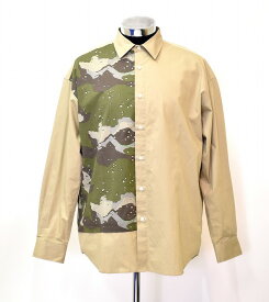 【中古】 MISTERGENTLEMAN （ミスタージェントルマン ）HALF CAMO SWITCHED MODERN SHIRT L/S MIX ハーフ カモ スイッチ 長袖 モダンシャツ 迷彩 カモフラージュ 切替 プリント リーフ ウッドランド Mr.GENTLEMAN MADE IN JAPAN BEIGE L