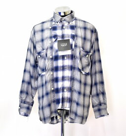 【新品】 SEVESKIG (セヴシグ) FAKE FAKE SHIRT L/S フェイク フェイク 長袖シャツ オンブレ チェック OMBLE CHECK レイヤード　ブルゾン WORK ワーク ミリタリー RAYON レーヨン NAVY MEDIUM M MADE IN JAPAN