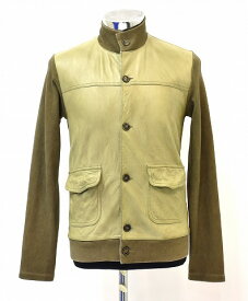 【中古】 ORCIANI（オルチアーニ） LEATHER レザー切替 ブルゾン ボタン ジャケット JACKET OLIVE 48 MADE IN ITALY