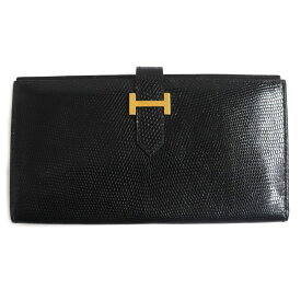 美品▼HERMES エルメス ヴィンテージ ベアン クラシック リザードレザー ウォレット/2つ折り長財布 黒/ブラック ゴールド金具 フランス製 〇Y刻印 箱・保存袋付き【中古】