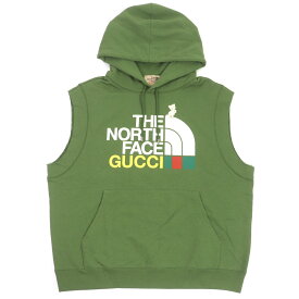 極美品 GUCCI グッチ THE NORTH FACE 663243 コットン ロゴプリント ノースリーブ カットオフ フーディー パーカー カーキ L イタリア製 正規品 メンズ【中古】