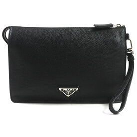 美品 PRADA プラダ 2VF006 ヴィッテロ トライアングルロゴ ストラップ付き クラッチバッグ セカンドバッグ ブラック シルバー金具 保存袋付き メンズ【中古】