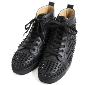 良品 Christian Louboutin クリスチャンルブタン 1101083 ルイスフラット レザー スパイクスタッズ レースアップ ハイカットスニーカー ブラック 41 箱・保存袋付き EU製 メンズ【中古】