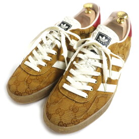 極美品 GUCCI グッチ adidas 707868 GAZELLE キャンバス レザー GG柄 ローカットスニーカー ゴールド レッド ホワイト 27 箱・保存袋付き イタリア製 メンズ【中古】