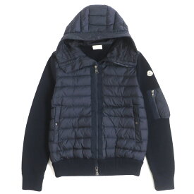 美品 MONCLER モンクレール 2019年製 MAGLIONE ニット切替 フード・ロゴワッペン付き WZIP ダウンジャケット ネイビー L 正規品 メンズ【中古】