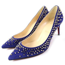 美品△Christian Louboutin クリスチャンルブタン 1170109 スウェード ESCARPIC 70 VEAU VELOURS スタッズ ポインテッドトゥ パンプス ブルー系 ゴールド金具 37 箱・保存袋付き イタリア製 レディース【中古】