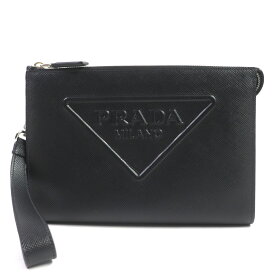 未使用品▼PRADA プラダ 2VF039 サフィアーノレザー 三角ロゴ ポーチ クラッチバッグ ブラック シルバー金具 イタリア製 メンズ【中古】