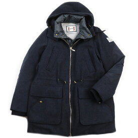 美品●MONCLER GAMME BLEU モンクレール ガムブルー GIACCONE レイヤード ロゴワッペン付き フーデッド ウールダウンコート ブルー 1 イタリア製 国内正規品 メンズ【中古】