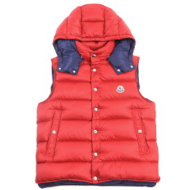 美品○MONCLER モンクレール E20914338649 C0084 BILLECART GILET ビルカール ロゴワッペン付き スタンドカラー フード付き ドローコード ダブルジップ ダウンベスト レッド ネイビー 3 正規品 メンズ【中古】