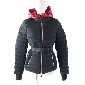 極美品★MONCLER GRENOBLE モンクレールグルノーブル 2021年製 BRUCHE フード・ベルト・ロゴワッペン付 ZIP UP ダウンジャケット ダークネイビー レッド 1 国内正規品 レディース【中古】