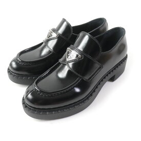 極美品★PRADA プラダ 1D246M プラダ チョコレート ブラッシュドレザー ローファー トライアングルロゴ付 ブラック 35.5 箱・保存袋付き イタリア製 レディース【中古】