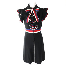 未使用品△GUCCI グッチ 2019年製 467507 Sylvie Web stretch jersey dress スリーブウェブストレッチジャージードレス リボン付き 半袖 ワンピース フロントフルジップ ブラック 青 赤 白 XS イタリア製 正規品 レディース【中古】