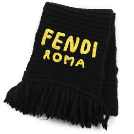 美品●FENDI フェンディ FXS124 ロゴ入り フリンジ付き ニット マフラー ブラック 180×30cm 保存袋付き イタリア製 正規品 ユニセックス【中古】