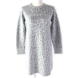 極美品△DIOR ディオール 3WBM14DRSF ウール100％ レオパード柄 ロゴ入り 長袖 ニット ワンピース グレー系 12 イタリア製 キッズ レディース可【中古】