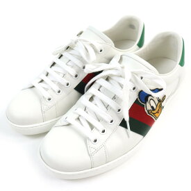 美品△GUCCI グッチ 649399 エース ディズニー ドナルドダックコラボ ウェブライン レザースニーカー ホワイト グリーン 7.5 イタリア製 メンズ【中古】