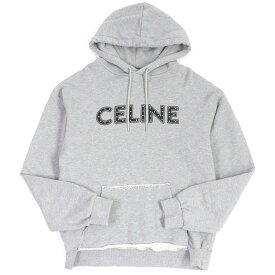 美品□CELINE セリーヌ 2Y309052H コットン100％ スタッズ ロゴプリント 裾カットオフ プルオーバー フーディー パーカー グレー S イタリア製 正規品 メンズ【中古】