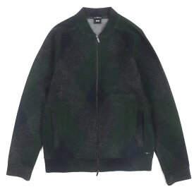 美品▼HUGO BOSS ヒューゴボス SLIM FIT FINEST ITALIAN FABRIC アーガイル シルバーロゴプレート付き WZIP ブルゾン グリーン ネイビー S 正規品 メンズ【中古】