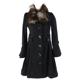 極美品△BURBERRY BLUE LABEL バーバリーブルーレーベル コットン100％ 裏地ノバチェック柄 ロゴボタン 襟フォックスファー付き トレンチコート ブラック 36 正規品 レディース オススメ◎【中古】