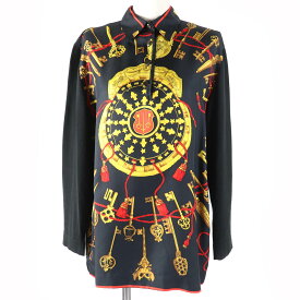美品☆HERMES エルメス ヴィンテージ LES CLES THE KEYS RARE シルク カシミヤ混 ツイルレーヌ 長袖ポロシャツ ブラック M イタリア製 正規品 レディース【中古】