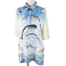 美品◎HERMES エルメス ヴィンテージ La Vie Precieuse de la Mediterranee 地中海の貴重な命 シルク コットン ツイルレーヌ Hロゴボタン 半袖ポロシャツ ライトブルー ホワイト M イタリア製 レディース【中古】