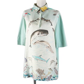 美品◎HERMES エルメス ヴィンテージ La Vie Precieuse de la Mediterranee 地中海の貴重な命 シルク Hボタン ツイルレーヌトップス／半袖ポロシャツ ライトブルー系 M イタリア製 レディース【中古】