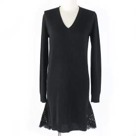 極美品☆LOUIS VUITTON ルイヴィトン ウール100％ LVロゴサークル金具 裾レース Vネック ニット ワンピース ブラック S イタリア製 正規品 レディース【中古】