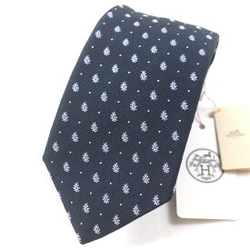 未使用品▼HERMES エルメス 2020年製 349289T シルク63% ANTHRACITE/CIEL/ORANG クラヴァット ペイズリー ドット ネクタイ 7cm 箱付き フランス製 メンズ【中古】