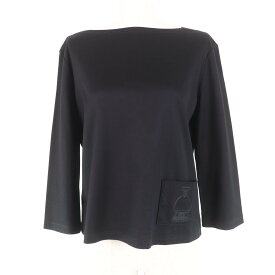 極美品★HERMES エルメス コットン100％ ポケット刺繍デザイン ボートネック 七分袖 カットソー ブラック 34 フランス製 レディース【中古】