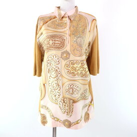 美品★HERMES エルメス ヴィンテージ カシミヤ混 ツイルレーヌ シルク切替 ニット 半袖ポロシャツ ブラウン系 L イタリア製 正規品 レディース【中古】