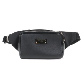 極美品○DOLCE&GABBANA ドルチェ＆ガッバーナ BM2036AQ756 グレインドカーフスキン ロゴプレート付き トップハンドル ウェストバッグ ボディバッグ ブラック 保存袋付き イタリア製 メンズ【中古】
