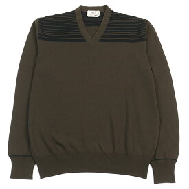 美品○HERMES エルメス ウール100% Vネック バイカラー ショルダーボーダー柄 ニット セーター カーキグリーン系 XL イタリア製 正規品 メンズ【中古】