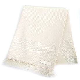 極美品△HERMES エルメス シェヴロンズーム カシミヤ100％ レザーロゴパッチ付き フリンジ ショール マフラー ストール アイボリー ネパール製 レディース【中古】
