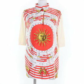 極美品☆HERMES エルメス ヴィンテージ 占星術 ツイルレーヌ シルク切替 カシミヤ ニット 半袖ポロシャツ アイボリー レッド系 M レディース【中古】